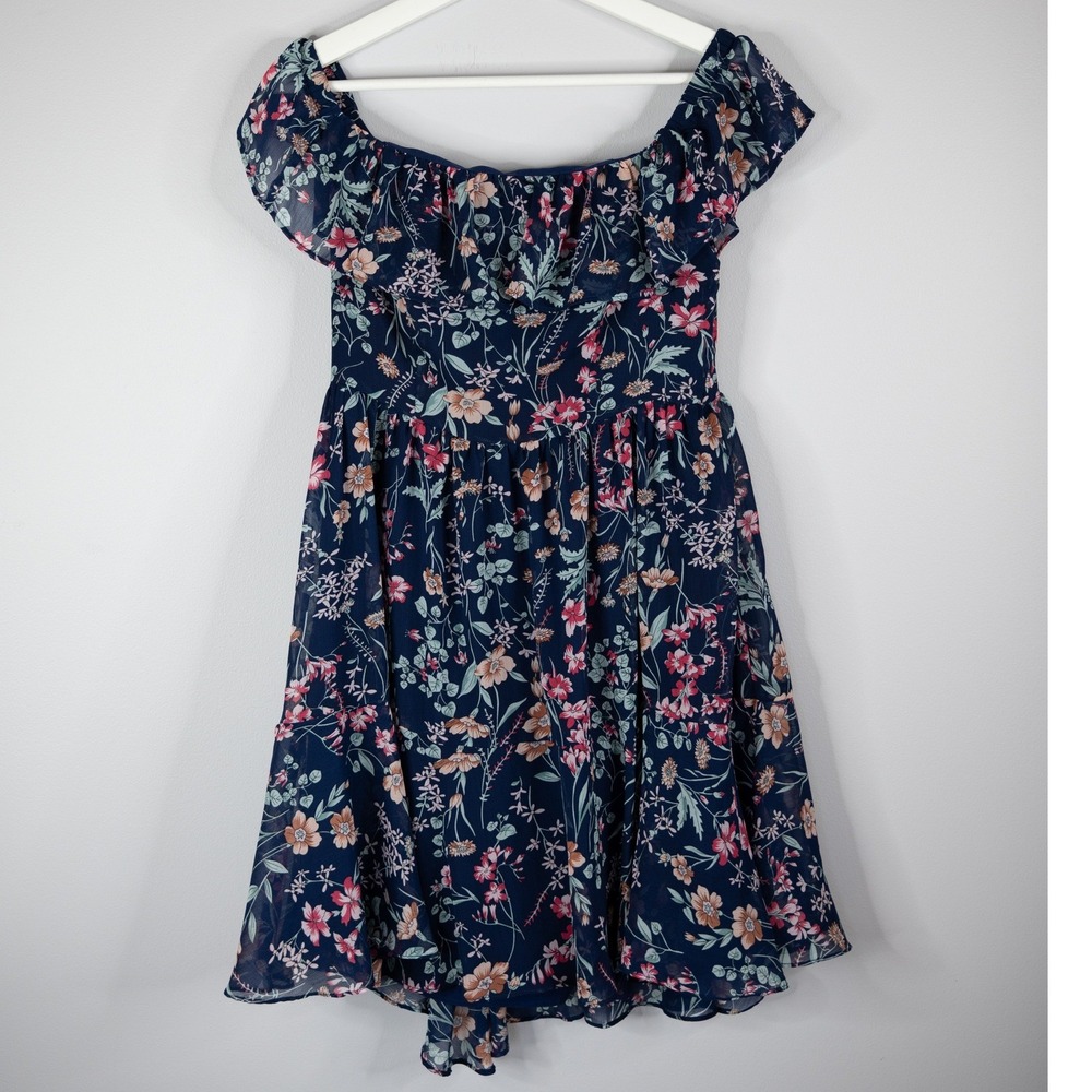 Lulus Floral Mini Dress Womens Medium‎ Navy Blue Excellent Ruffle Off Shoulder